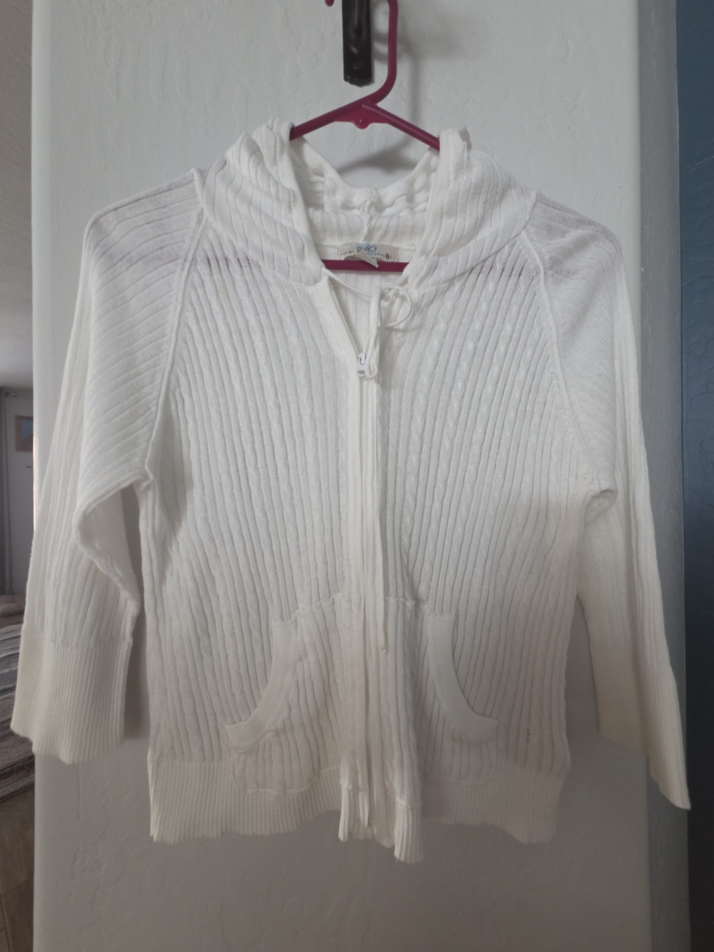 White Ribbed Zip-Up Hooded Cardigan Sweater Girls XL